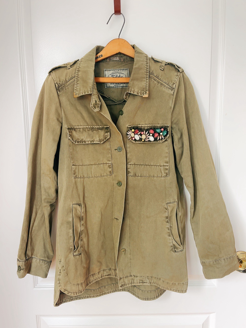 Zara Olive Utility Jacket with Colorful Beaded Pocket